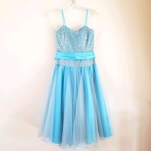 CW Designs Light Blue Tulle With Silver Sequins Prom Midi Dress, Size XS